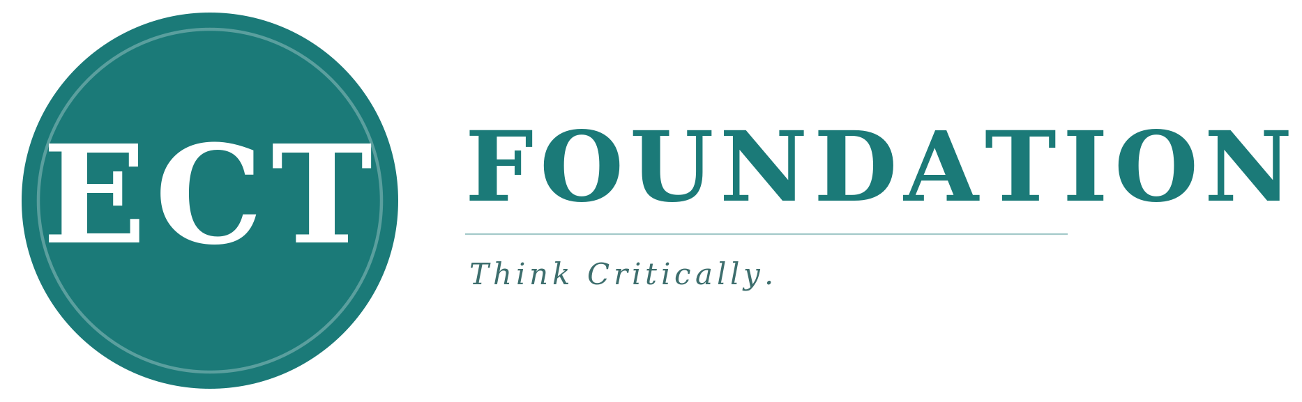 teal colored logo with letters ECT inside a circle and foundation going out from it horizontally. beneath foundation are the words think critically in italics.
